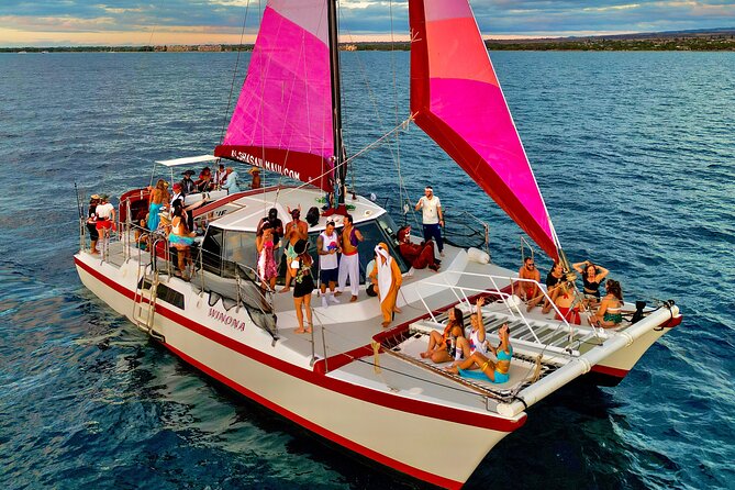 Sunset Sailing on a Floating Tiki Bar Charming Hawaiian Catamaran - A floating tiki bar with snacks and drinks